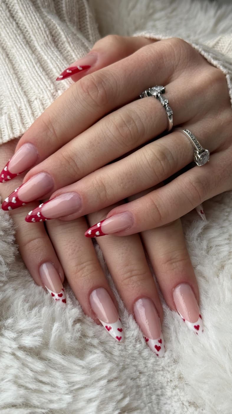 Nail art french rouge avec cœurs, travail de précision par Lilas à Chazelles-sur-Lyon